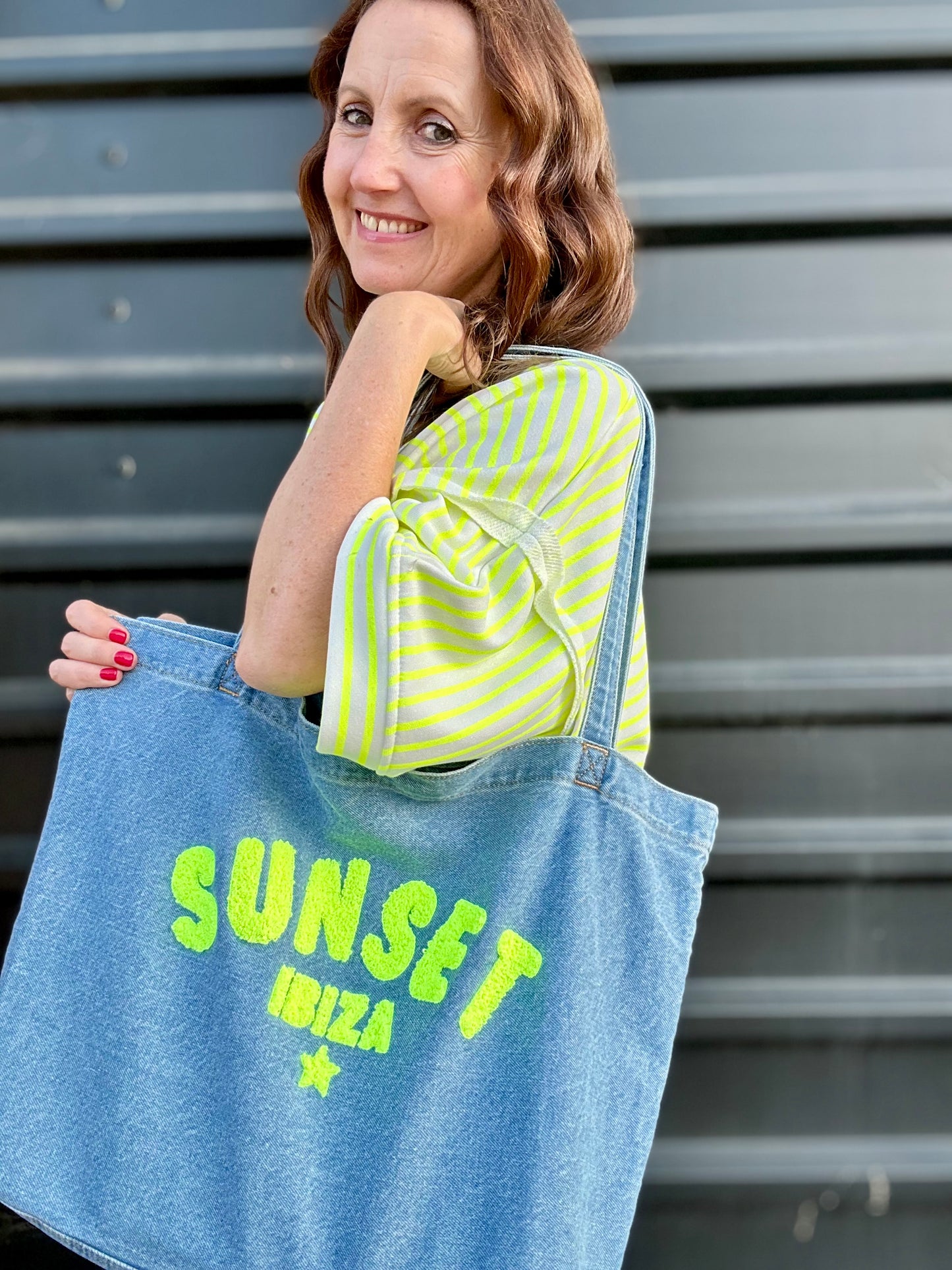 Ibiza sunset denim shopper bag