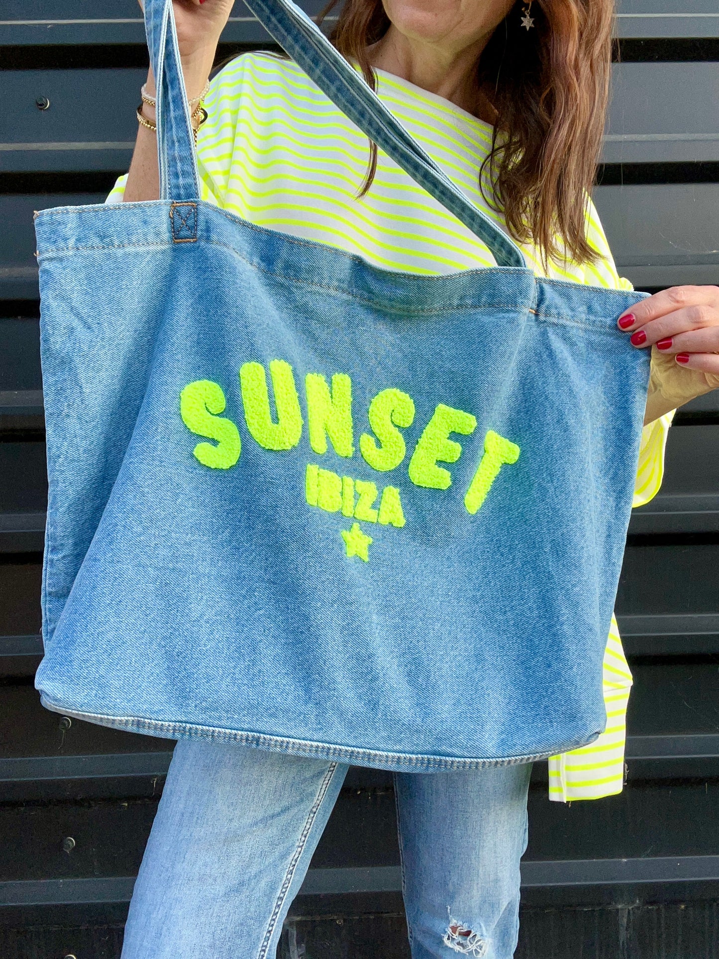 Ibiza sunset denim shopper bag