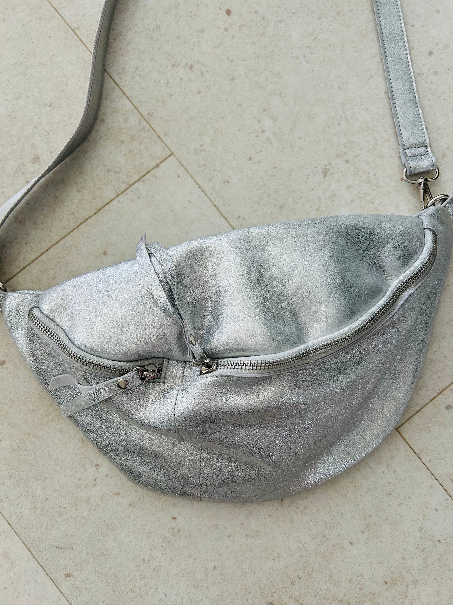 Jumbo silver metallic bumbag