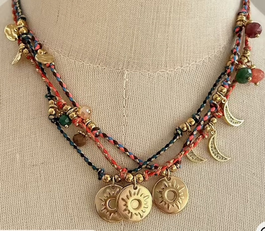 Boho bijou necklace - Blue / Pink