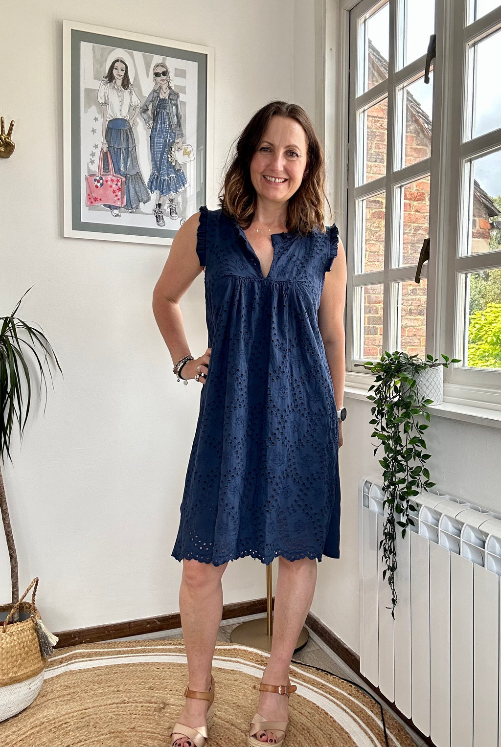 Broderie S/L Dress - Navy