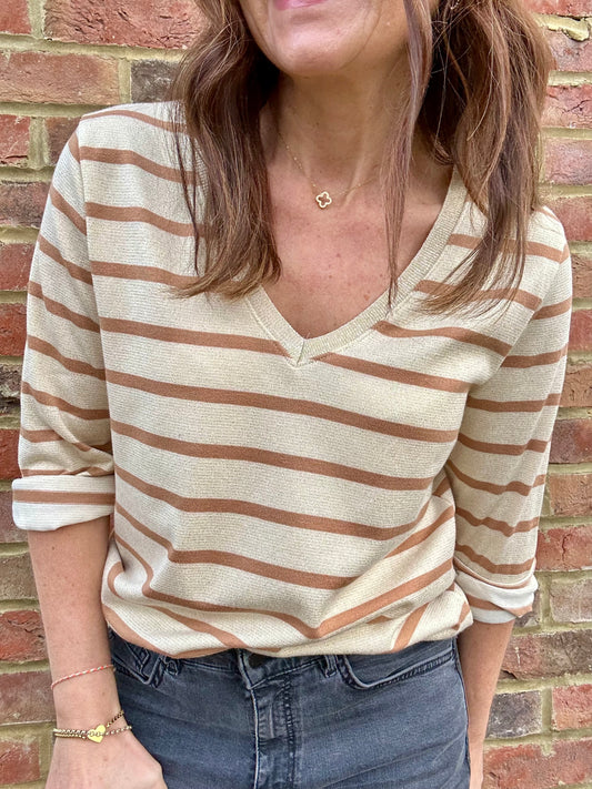 Striped lurex trim tee - Camel