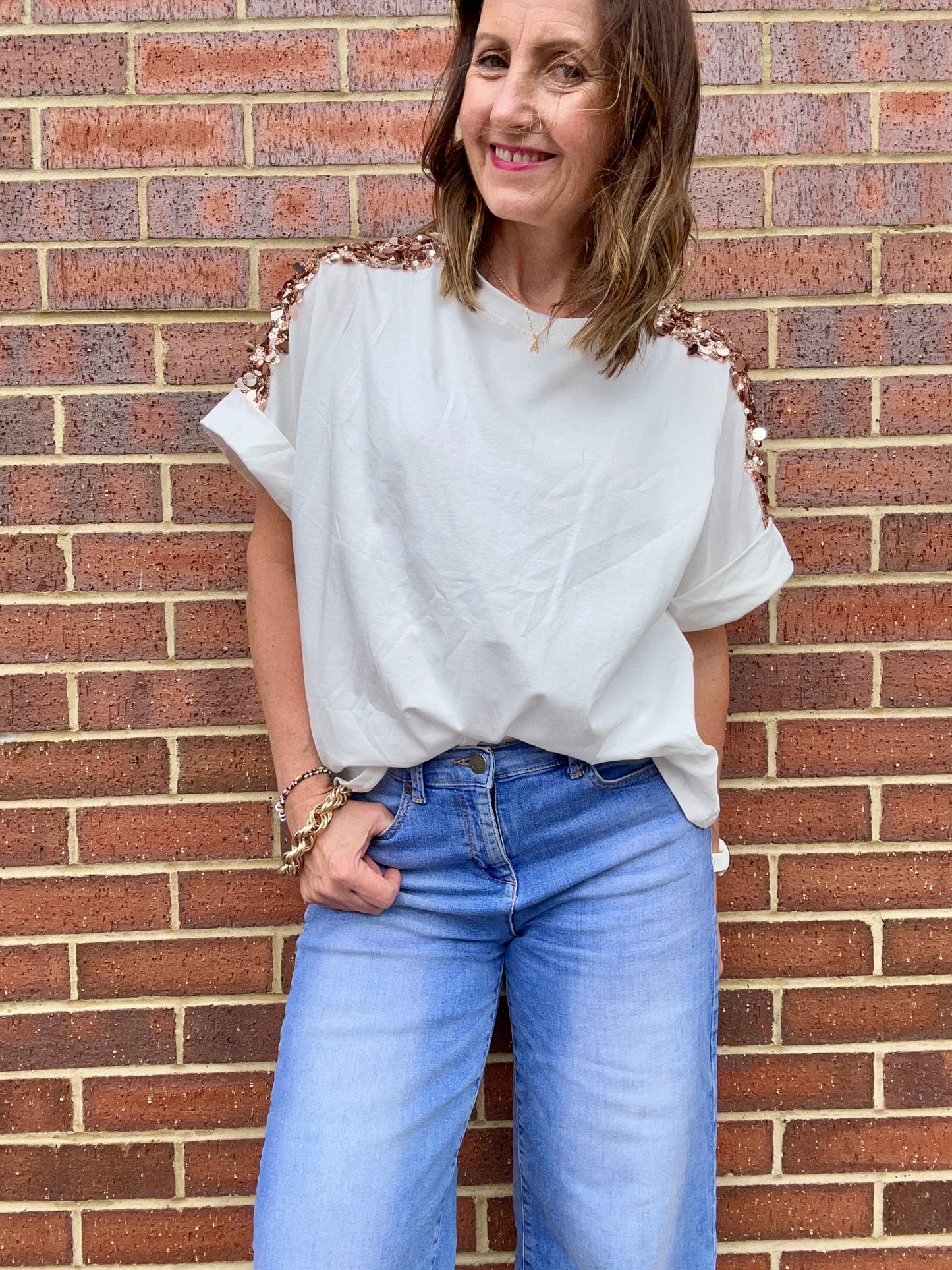 Sequin trim tee - White