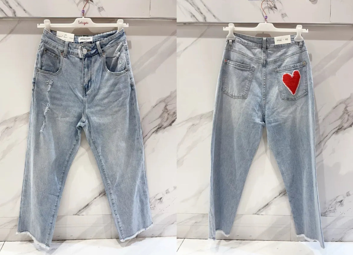 Crochet heart patch jeans