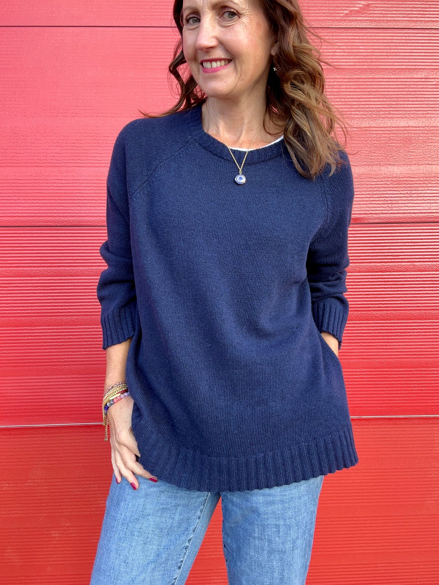 Una cashmere mix simple sweater - Navy