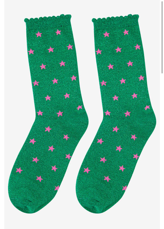 Starry night glitter socks - Green / Pink