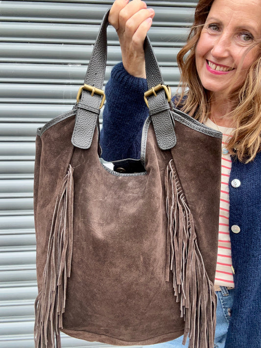 Beth fringed suede bag - Chocolate