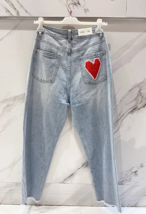 Crochet heart patch jeans