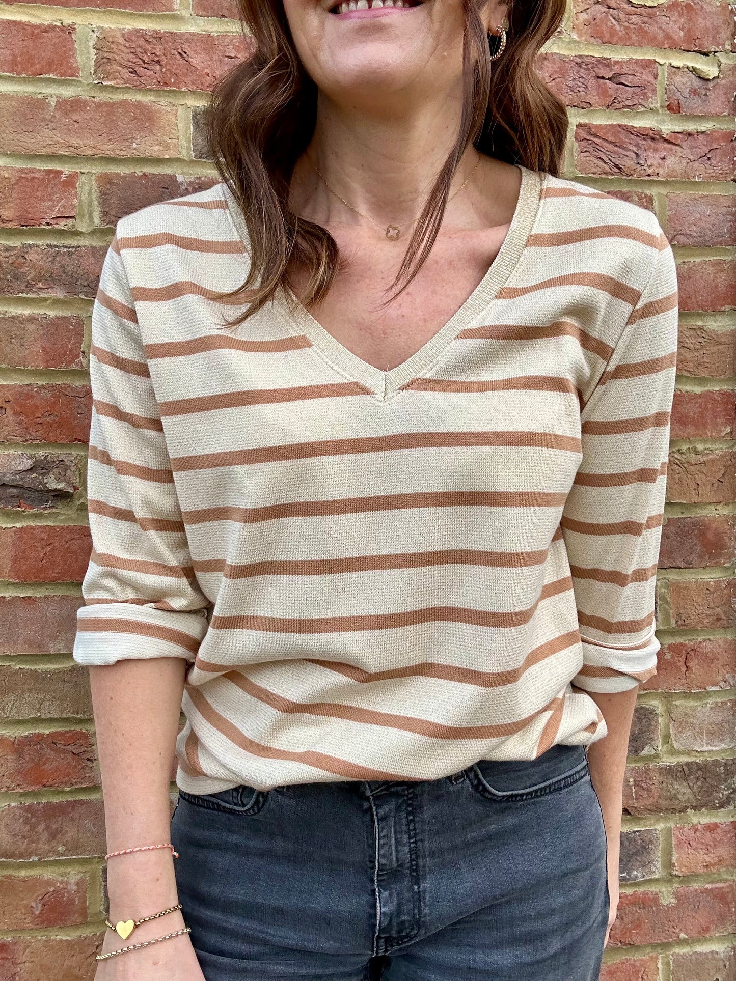 Striped lurex trim tee - Camel