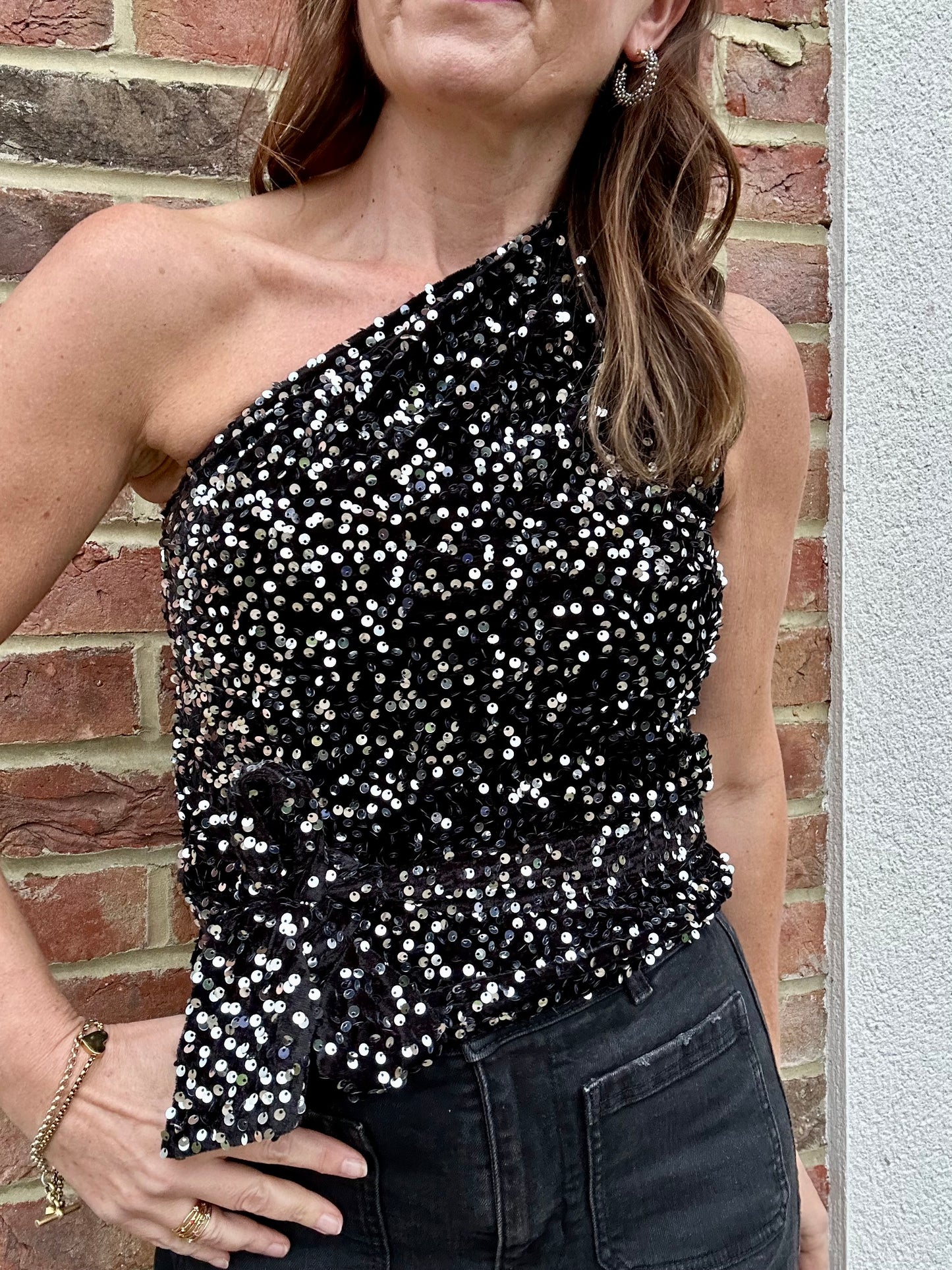 Neptune sequin one shoulder top - Black / Silver