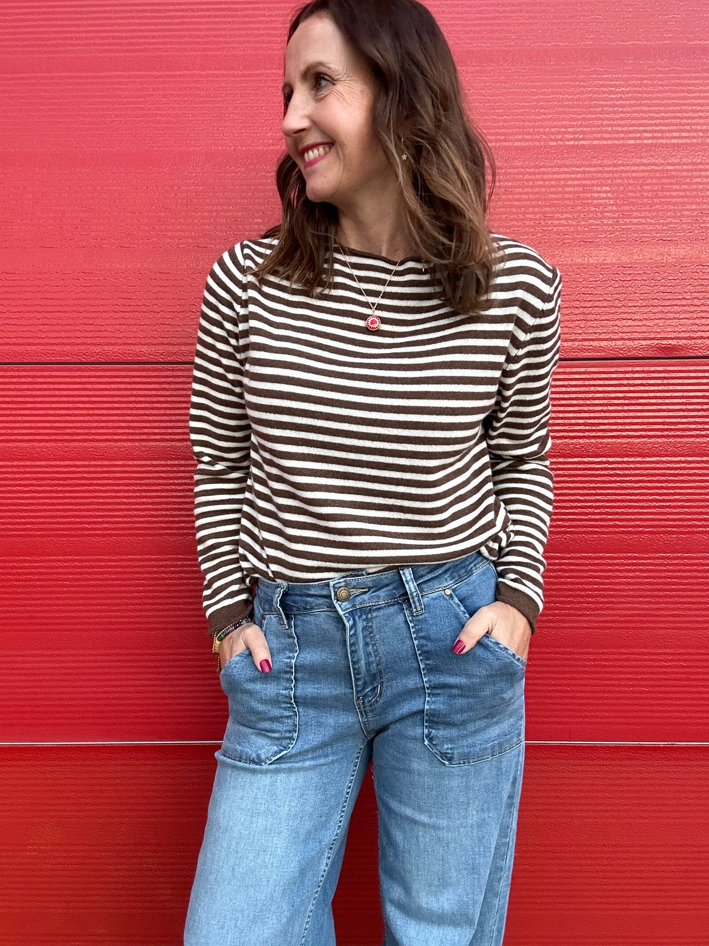 Georgia striped cashmere mix knit - Mocha / Cream