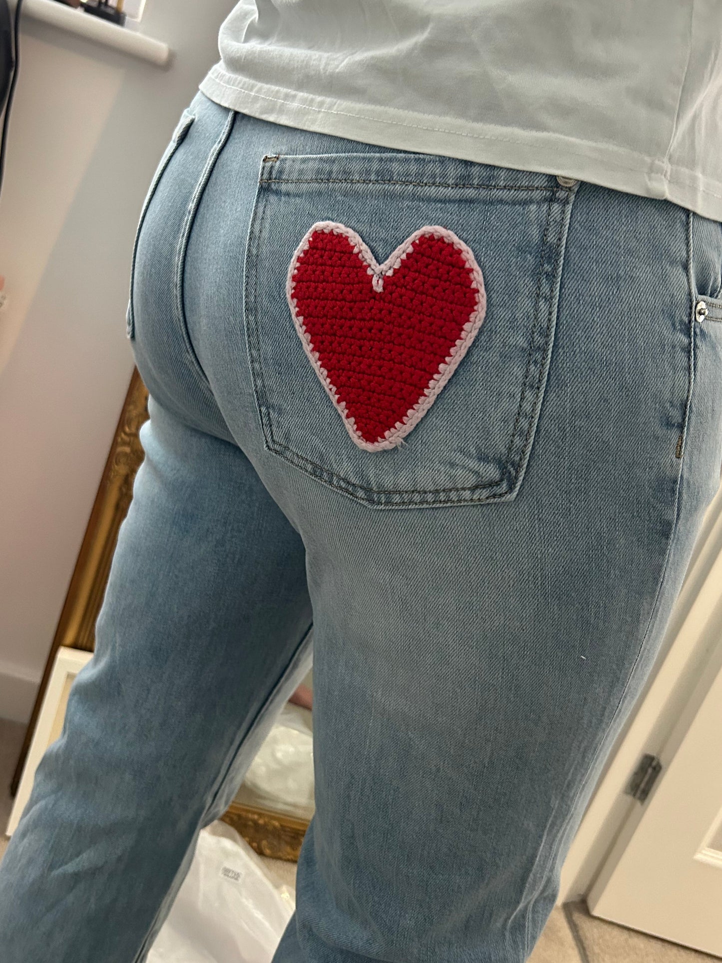 Crochet heart patch jeans