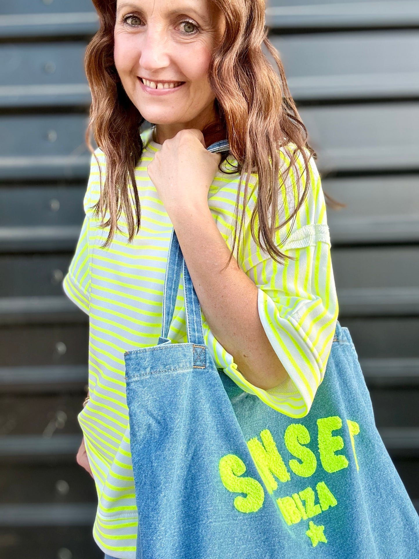 Ibiza sunset denim shopper bag