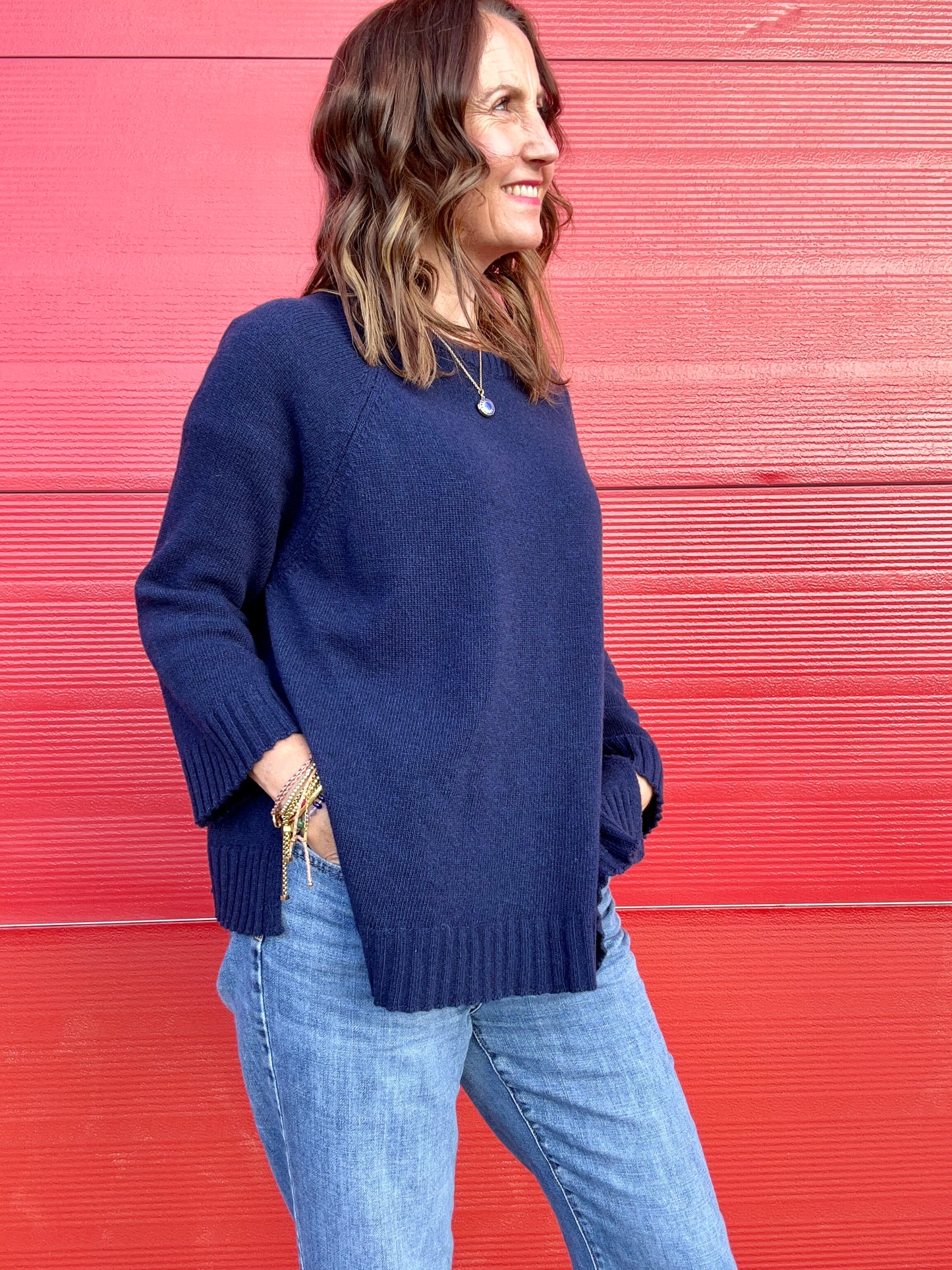 Una cashmere mix simple sweater - Navy