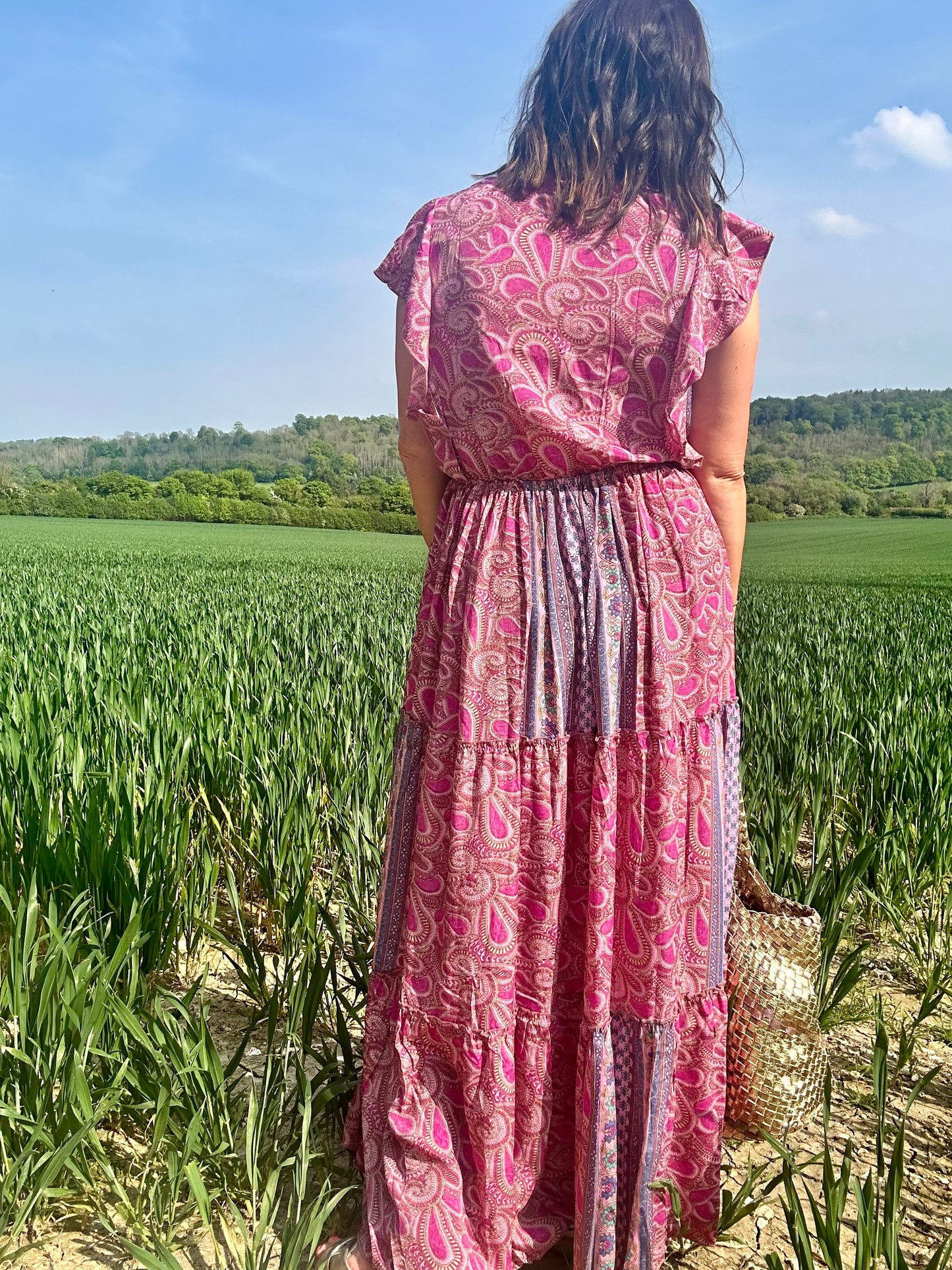 Imogen silk mix maxi dress - Pink and blue patchwork