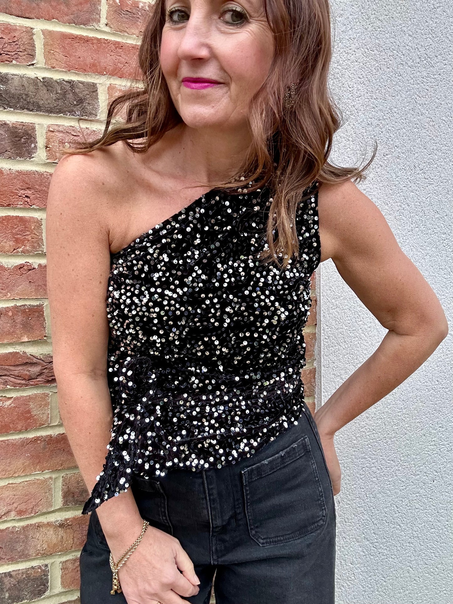 Neptune sequin one shoulder top - Black / Silver