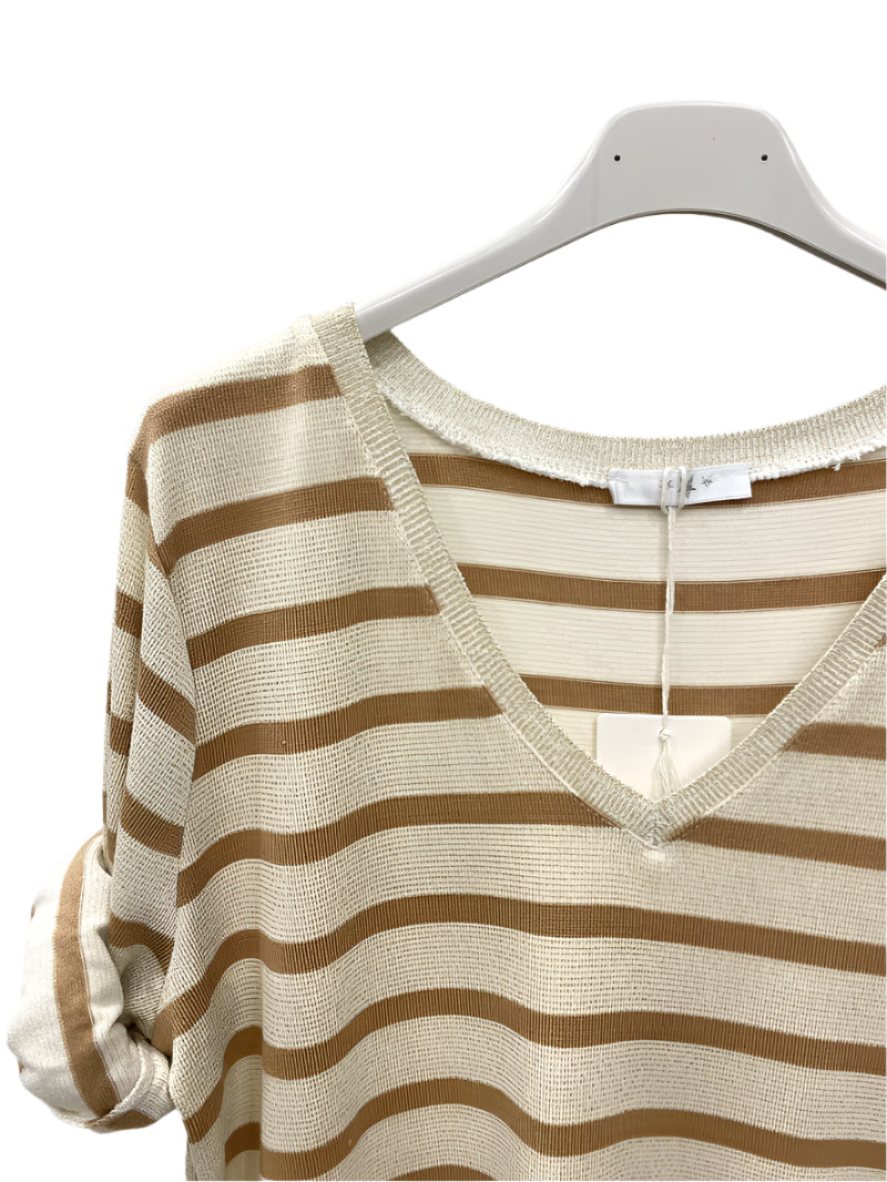 Striped lurex trim tee - Camel